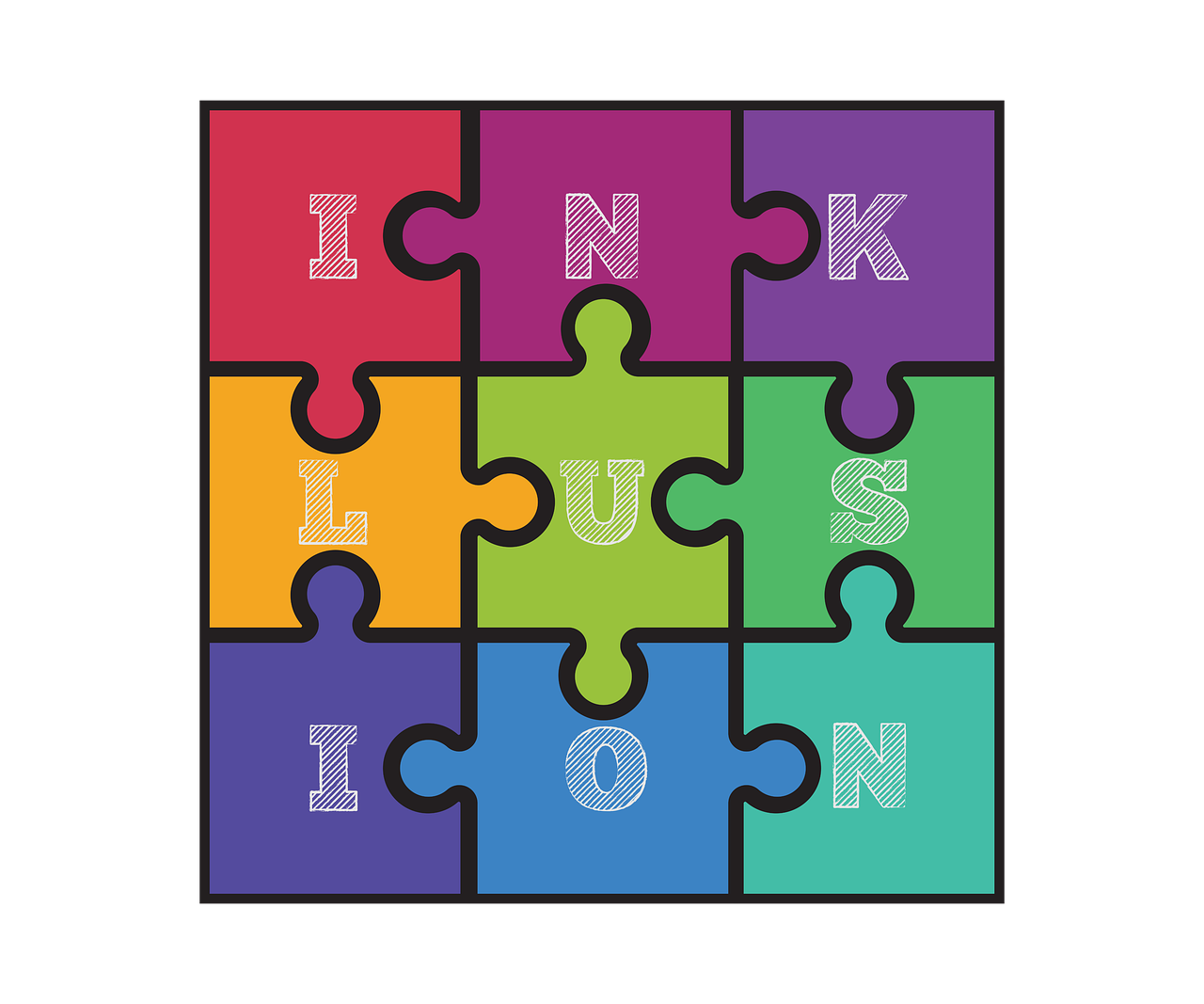 Einzelne Puzzleteile in verschiedenen Farben, die das Wort Inklusion bilden.