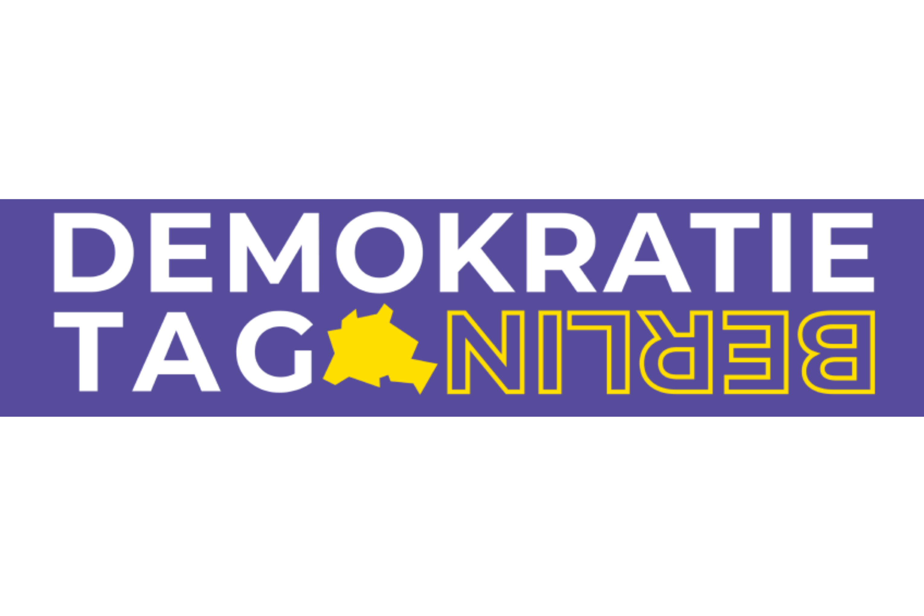 Ein Banner mit lilafarbenem Hintergrund und weißer bzw. gelber Schrift „Demokratie Tag Berlin“. Zudem ist die Karte von Berlin in Gelb abgebildet.
