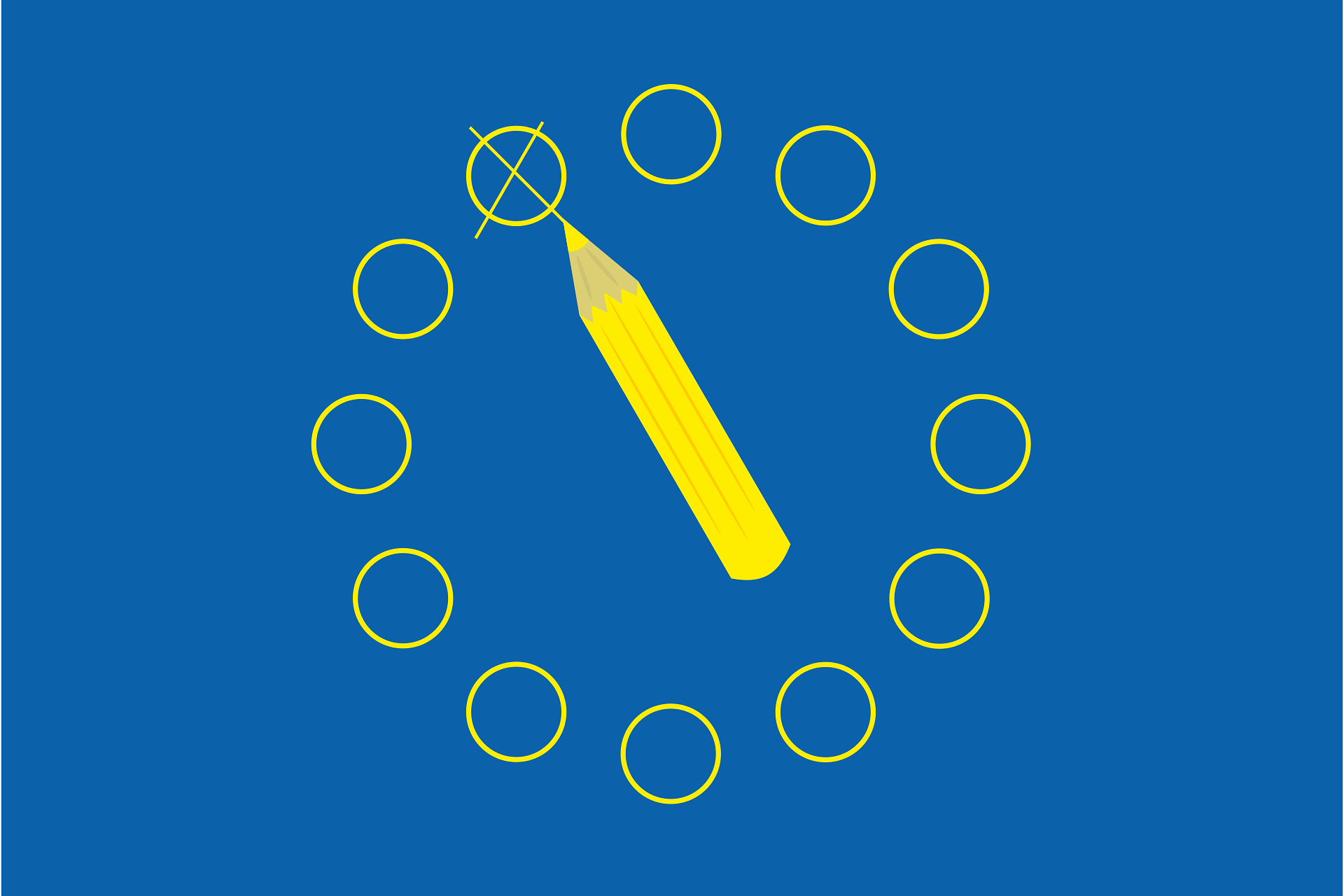 Blauer Hintergrund mit den gelben Sternen der Europafahne, die allerdings als Punkte dargestellt sind. In der Mitte ist ein gelber Stift zu sehen, der einen Punkt angekreuzt hat.