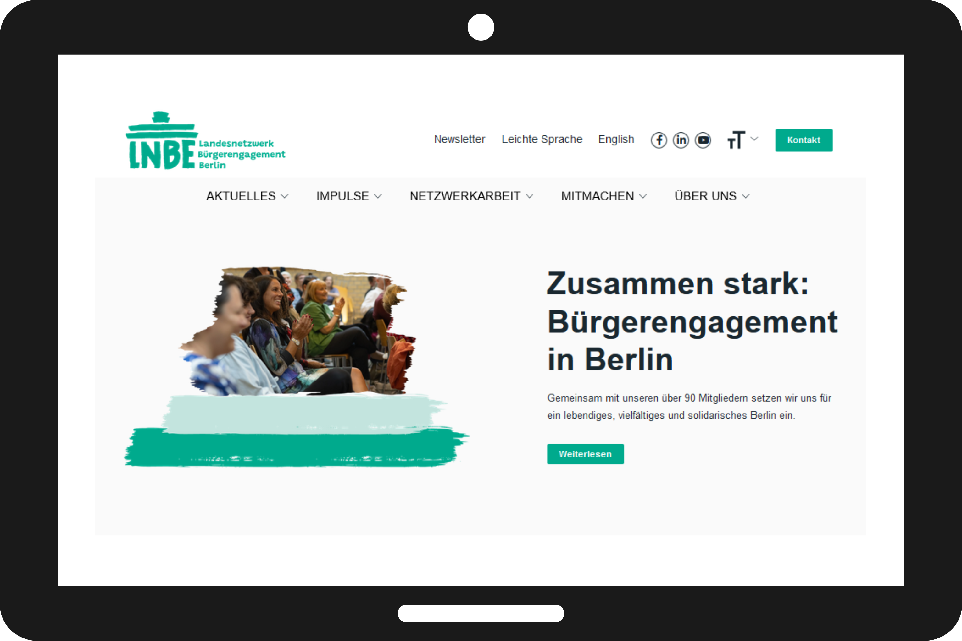 Ein Screenshot der Startseite der neuen Website des Landesnetzwerks. Zu sehen ist das Menü sowie der erste Beitrag, der auf weitere Informationen zum Landesnetzwerk verlinkt.