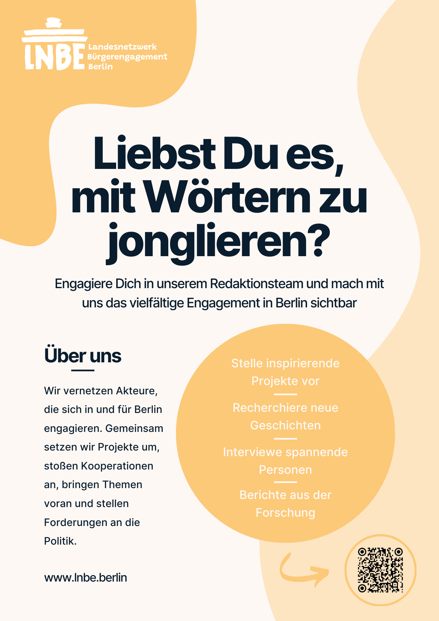 Ein Aufruf zur Beteiligung im Landesnetzwerk mit dem Schriftzug „Liebst Du es, mit Wörtern zu jonglieren?“ und der Aufzählung der Tätigkeiten, die eine Person bei einer Mitarbeit in unserer AG Redaktionsteam erwartet.