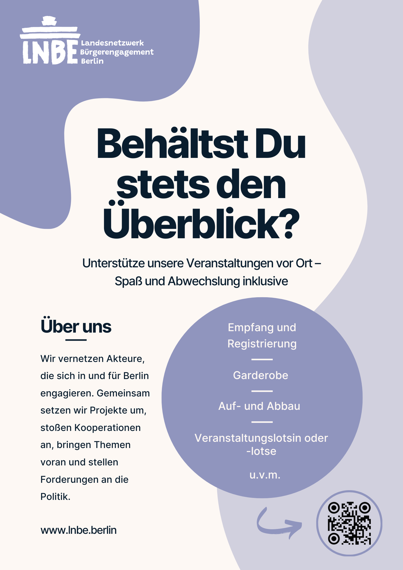 Ein Aufruf zur Beteiligung im Landesnetzwerk mit dem Schriftzug „Behältst Du stets den Überblick?“ und der Aufzählung der Tätigkeiten, die eine Person bei der Unterstützung unserer Veranstaltungen vor Ort erwartet.