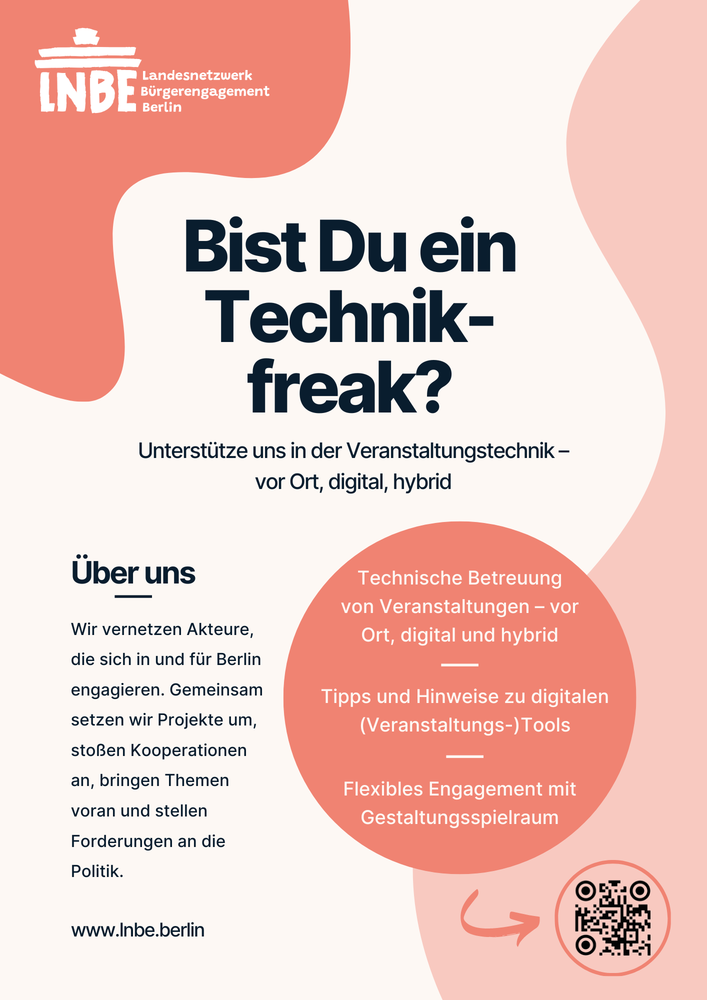 Ein Aufruf zur Beteiligung im Landesnetzwerk mit dem Schriftzug „Bist du ein Technikfreak?“ und der Aufzählung der Tätigkeiten, die eine Person bei der Unterstützung unserer Veranstaltungen vor Ort, hybrid oder digital erwartet.