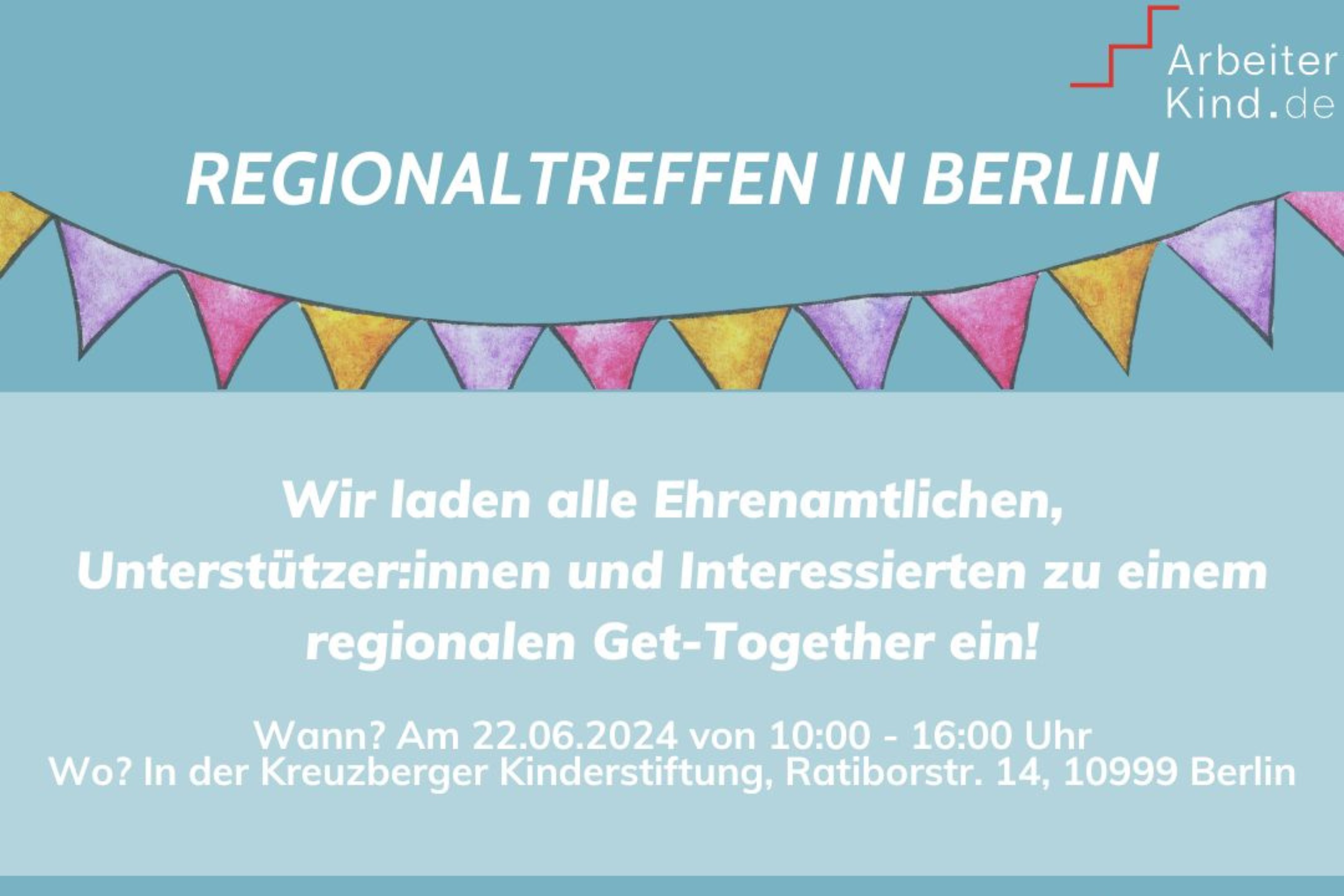 Einladungskarte zum Regionaltreffen von ArbeiterKind.de. Hintergrund in türkis, Schrift in weiß mit Angaben zu Ort und Zeit.