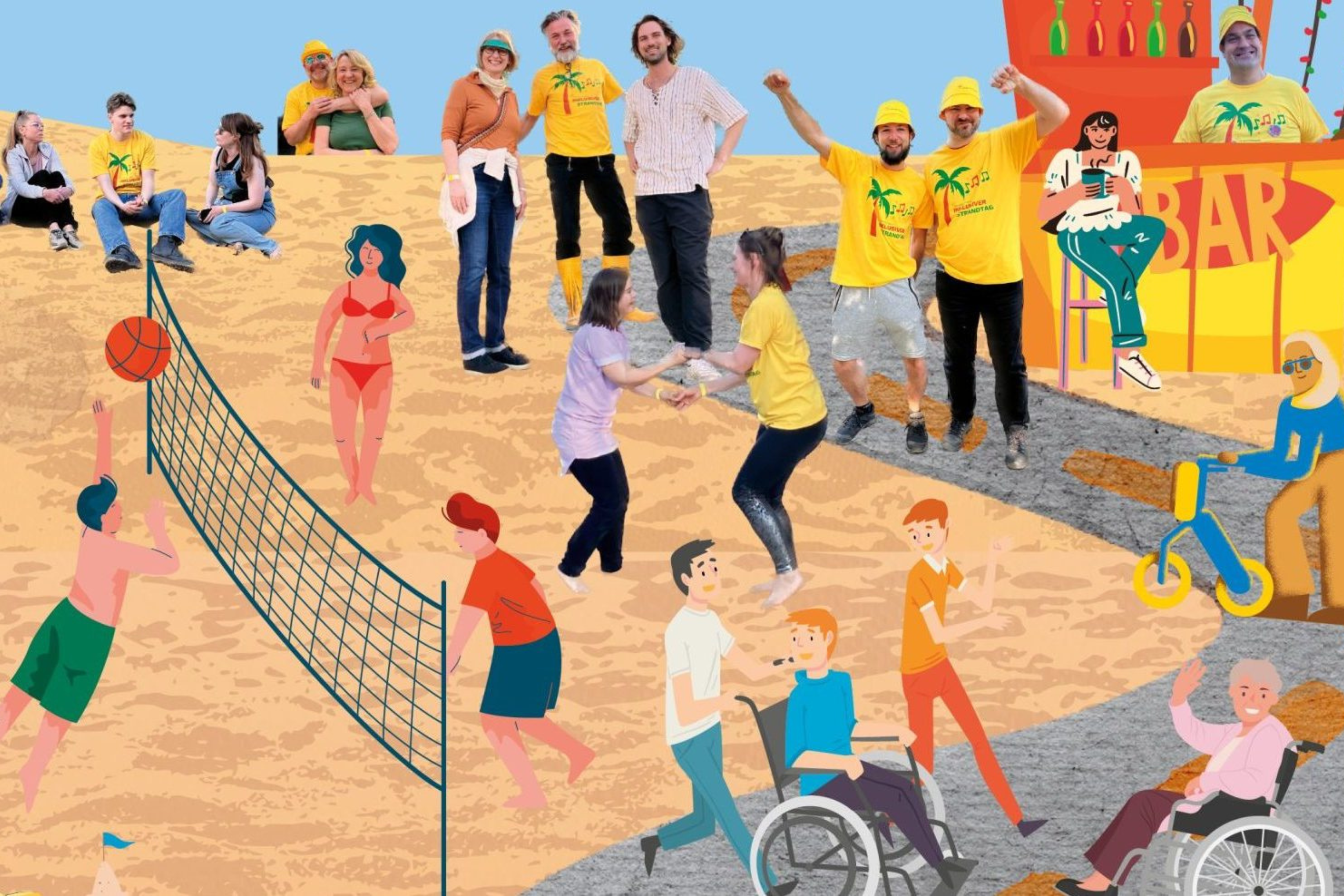 Eine Collage am Strand mit Beachvolleyball, Menschen, die im Sand sitzen und stehen. Einer Beachbar und Personen im Rollstuhl, die in die Kamera winken.
