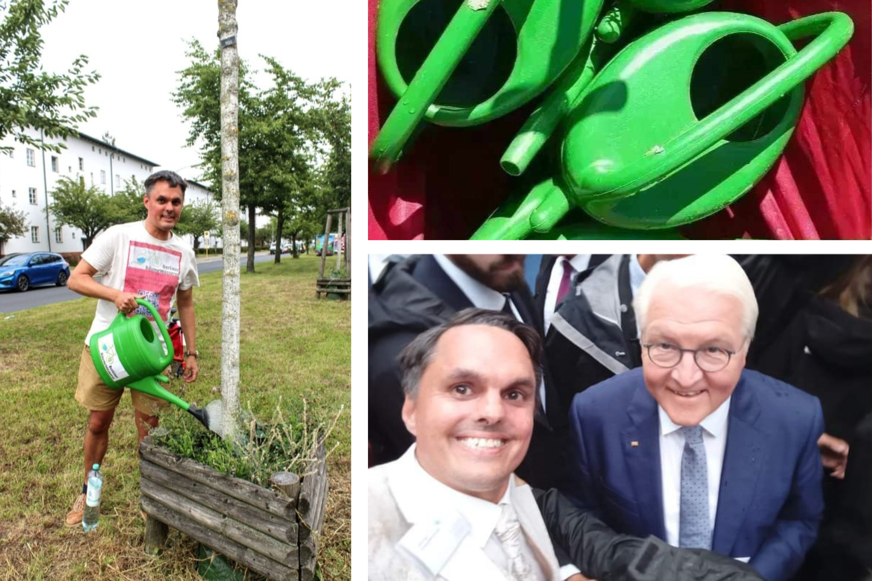 Eine Bildercollage mit drei Motiven: Links gießt ein Mann mit braunen Haaren und kurzer Hose einen Baum. Oben rechts sind zwei grüne Gießkannen abgebildet. Unten rechts ein Selfie von Sebastian Herges im Anzug, gemeinsam mit Bundespräsident Frank-Walter Steinmeier.