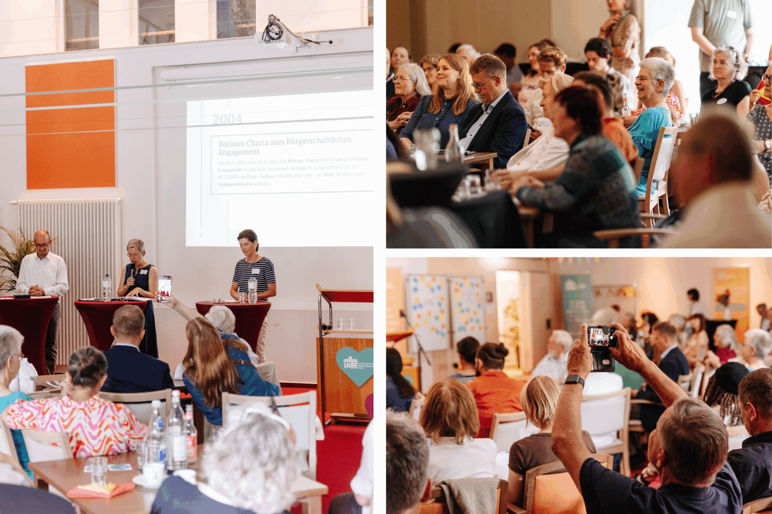 Collage aus drei Fotos, die unterschiedliche Szenen und Stimmungen einer Veranstaltung einfangen. 1. Drei Personen diskutieren auf einem Podium. 2. Teilnehmende hören aufmerksam zu. 3. Ein Teilnehmender macht ein Foto mit dem Handy.