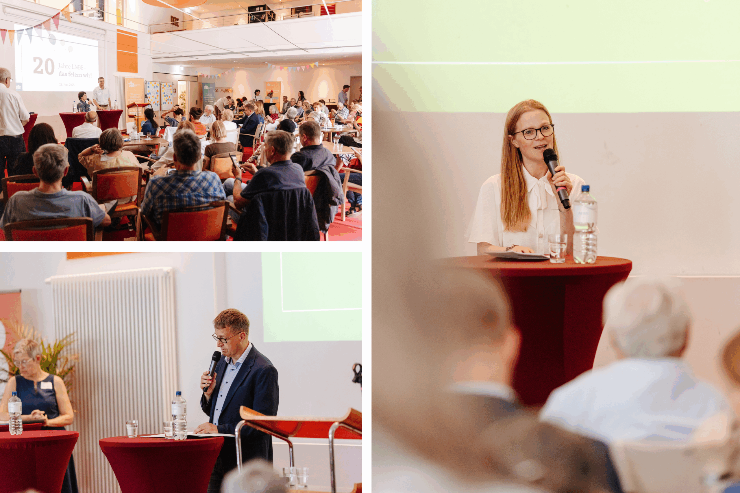 Collage aus drei Fotos, die unterschiedliche Szenen und Stimmungen einer Veranstaltung einfangen. 1. Teilnehmende einer Veranstaltung lauschen dem Programm. 2. Ein Mann mit kurzen Haaren und Brille hält eine Rede. 3. Eine Frau mit langen blonden Haaren und Brille spricht vor Publikum.“